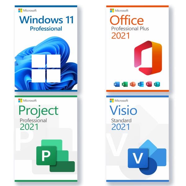 Microsoft Visio 2021 Standard, Microsoft Project 2021 Professional, Microsoft Office 2021 Professional Plus, Microsoft Windows 11 Pro Lizenz für 3 PC