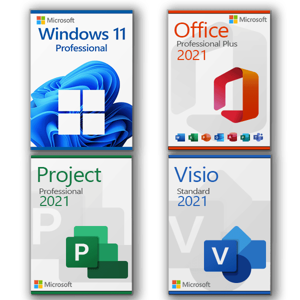 Microsoft Visio 2021 Standard, Project 2021 Professional, Office 2021  Professional Plus, Windows 11 Pro Licenza per 3 PC